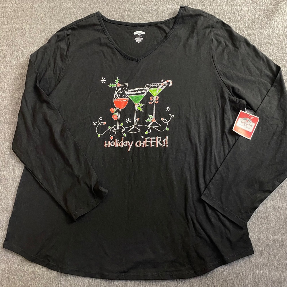 New Holiday Time Christmas‎ Tee Black Long Sleeve V-Neck Drinks Cheers Cotton 2X